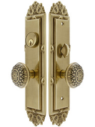 Regency F20 Function Mortise Lock Entryset in Antique Brass with Left Hand Lancaster Knobs, and Stop/Release Buttons.